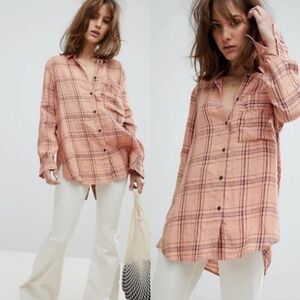 Free People Linen Plaid Button Down Shirt XSmall XS